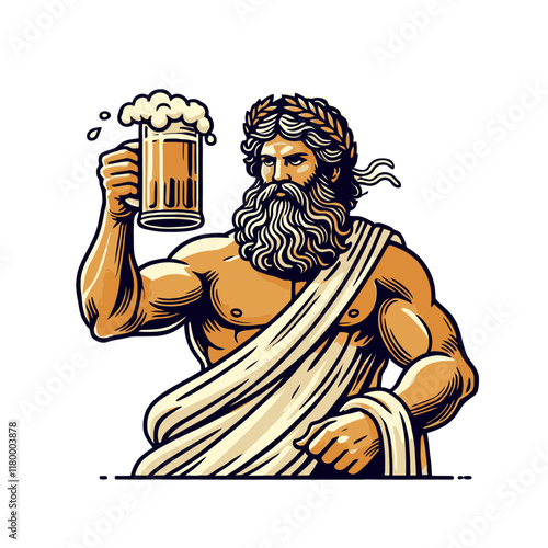 Cartoon Zeus holding a beer mug, wearing a toga and laurel wreath, with a powerful and confident pose. A bold and creative character design for celebration themes. Isolated vector illustration.