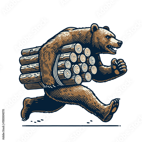 Cartoon bear running energetically, carrying a pile of logs with a determined expression. A powerful and rustic design for forest and outdoor themes. Isolated vector illustration.