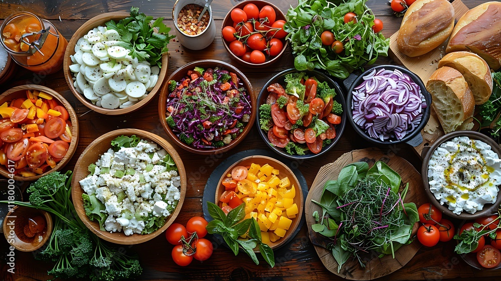 Fototapeta premium A vibrant array of fresh vegetable salads and bread