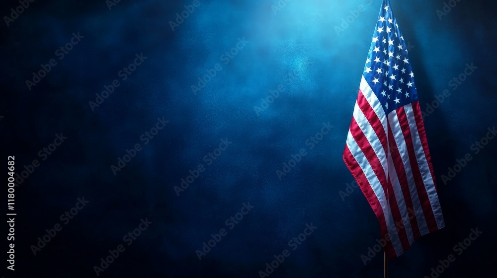 Obraz premium A minimalist representation of the American flag against a dark blue background, symbolizing patriotism and national pride, ideal for formal presentations.