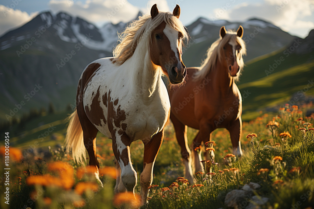 Obraz premium wild horses in the mountain meadows, 