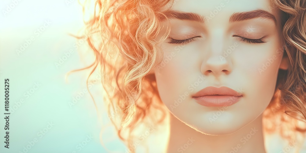 Fototapeta premium A close-up of a woman with curly hair and closed eyes, illuminated by soft, warm light, conveying a serene and peaceful expression. Concept Close-Up Portrait, Curly Hair, Soft Warm Light
