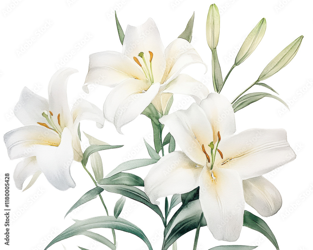 Fototapeta premium White lilies with green leaves, isolated on a white background.