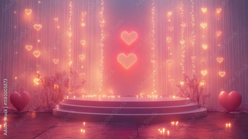 Podium set against a dreamy Valentine-themed backdrop with glowing heart garlands Podium set against a dreamy Valentine-themed backdrop with glowing heart garlands