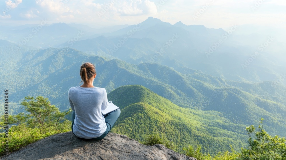 Fototapeta premium Serene Woman Enjoying Scenic Mountain View While Writing in Journal on Rocky Outcrop, Capturing Peace and Inspiration in Nature's Beauty