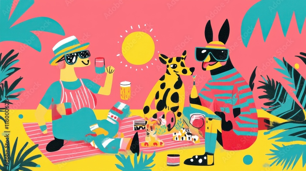 Naklejka premium Stylish Dogs Enjoying a Sunny Summer Picnic