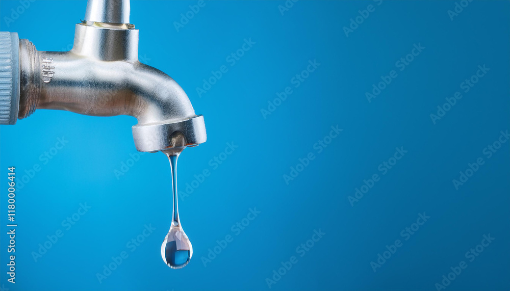 Drop of water coming out of metal tap, blue background. Close-up.