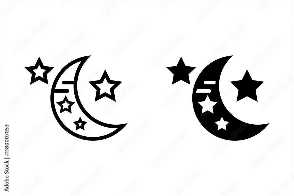 Crescent moon with stars icon on white background. Night icon. Crescent moon icon. Minimalist style. Crescent moon with stars icon on white background. Night icon. Crescent moon icon. Minimalist style.