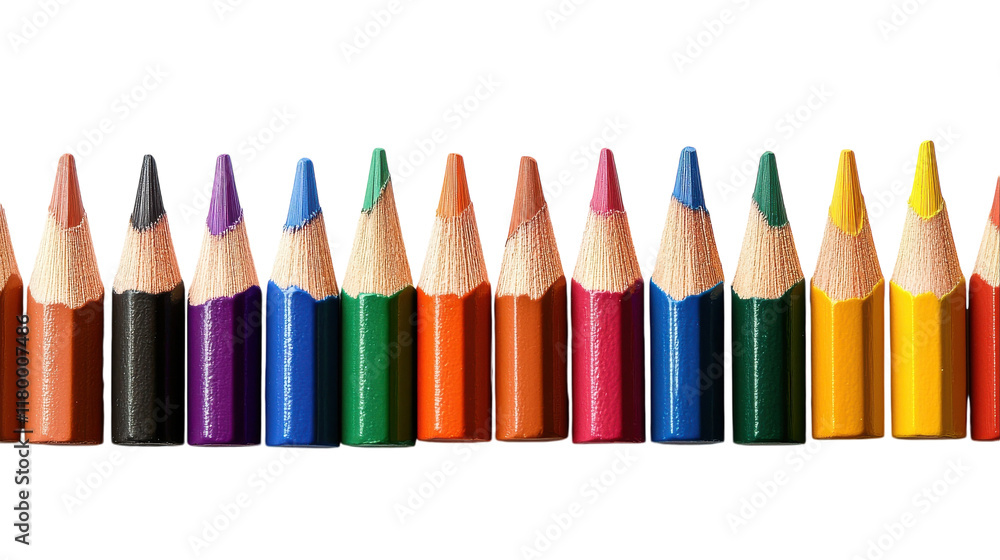 Vibrant array of colored pencils arranged neatly on a white background for creative inspiration Vibrant array of colored pencils arranged neatly on a white background for creative inspiration