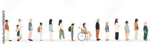 Different people standing one by one. Queue concept.