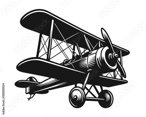 WW1 biplane silhouette. Clipart image isolated on white background 