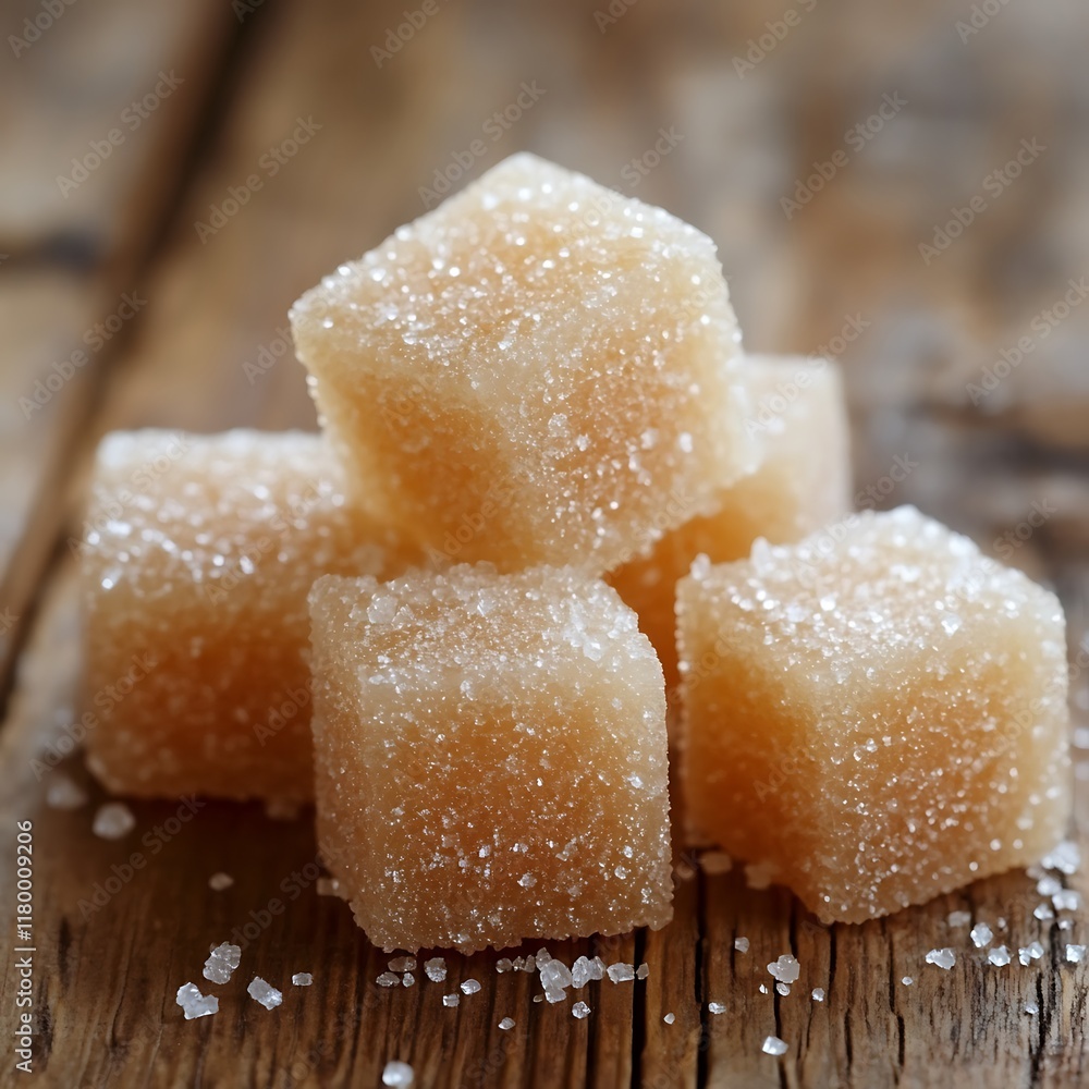 brown sugar cube on a wooden table in a cafe, square image brown sugar cube on a wooden table in a cafe, square image