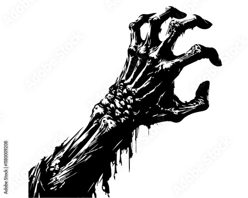 Zombie arm silhouette with rough, jagged skin, exposed bones, and tattered clothing. Clipart image isolated on white background 