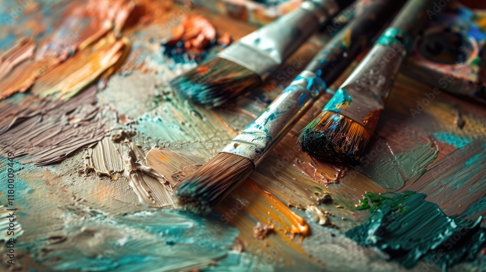 Fototapeta premium Vintage Artist's Palette with Paint Brushes. Messy Workshop Background for Art and Painting