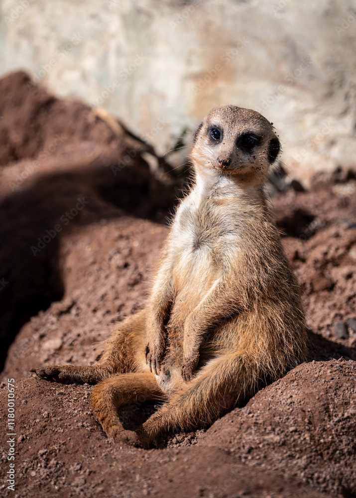 Meerkat guard sitting upright on a rock