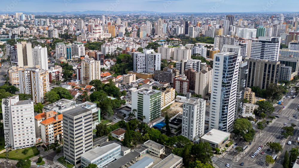 Fototapeta premium Seen with a drone on a sunny day in the central region of Curitiba, capital of the state of Parana
