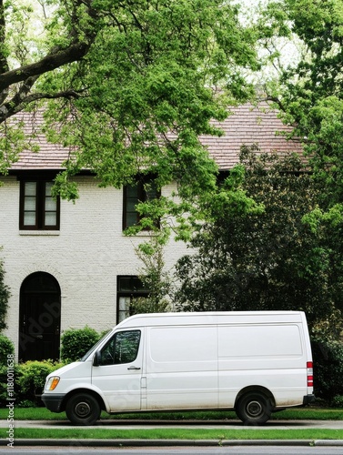 White delivery van parked on a residential street, in front of a white brick house with lush green trees.