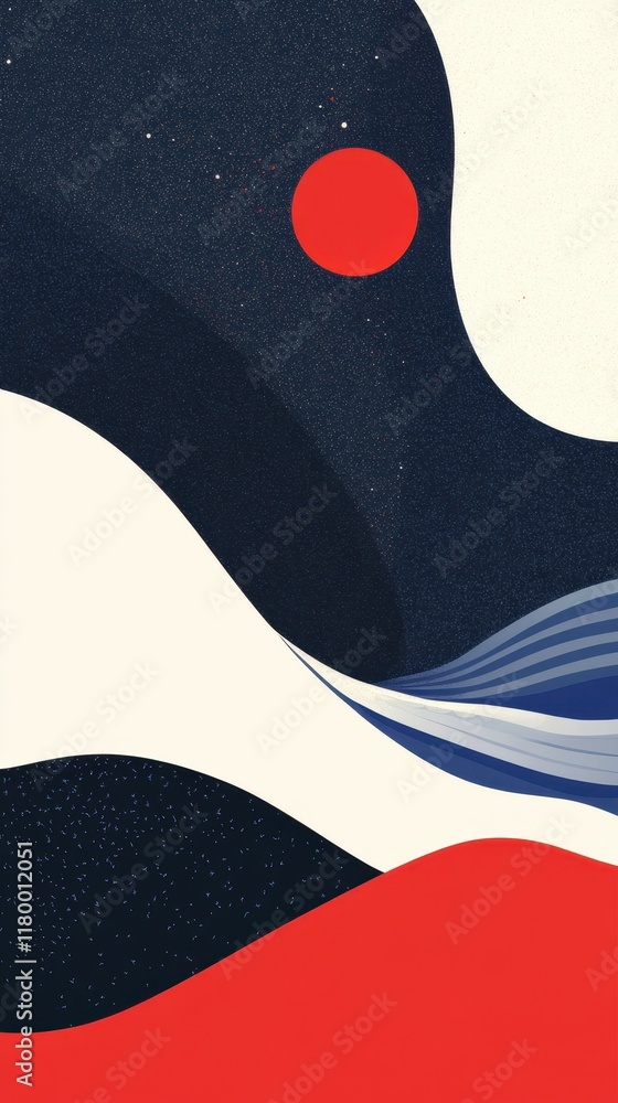 Abstract Cosmic Landscape with Red Planet and Blue Waves Abstract Cosmic Landscape with Red Planet and Blue Waves