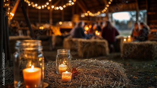 The image depicts an outdoor gathering at night, with hay bales and string lights creating a cozy atmosphere photo