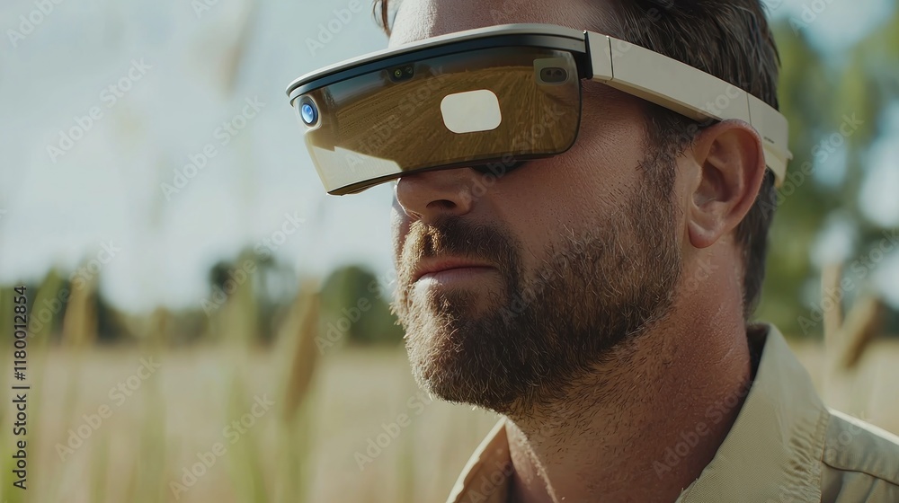 A man wearing augmented reality glasses in a field. A man wearing augmented reality glasses in a field.
