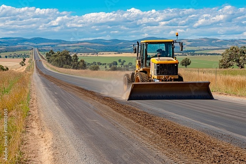 Road construction machinery smoothing fresh asphalt under a bright blue sky photo