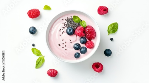 Fresh and Healthy Yogurt Bowl with Raspberries, Blueberries, Chia Seeds, and Basil Leaves on a Clean White Background for Eating Well and Healthy Living