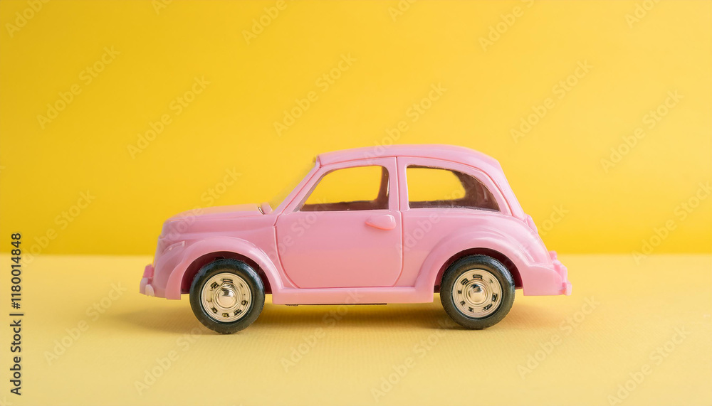 Pink children toy car isolated on yellow backdrop. Vehicle insurance. Pink children toy car isolated on yellow backdrop. Vehicle insurance.