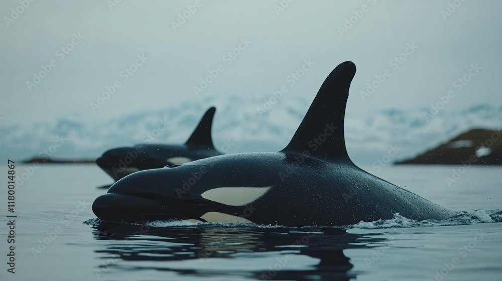 Fototapeta premium Majestic Orcas in Arctic Waters Tranquil Scene of Whales Swimming