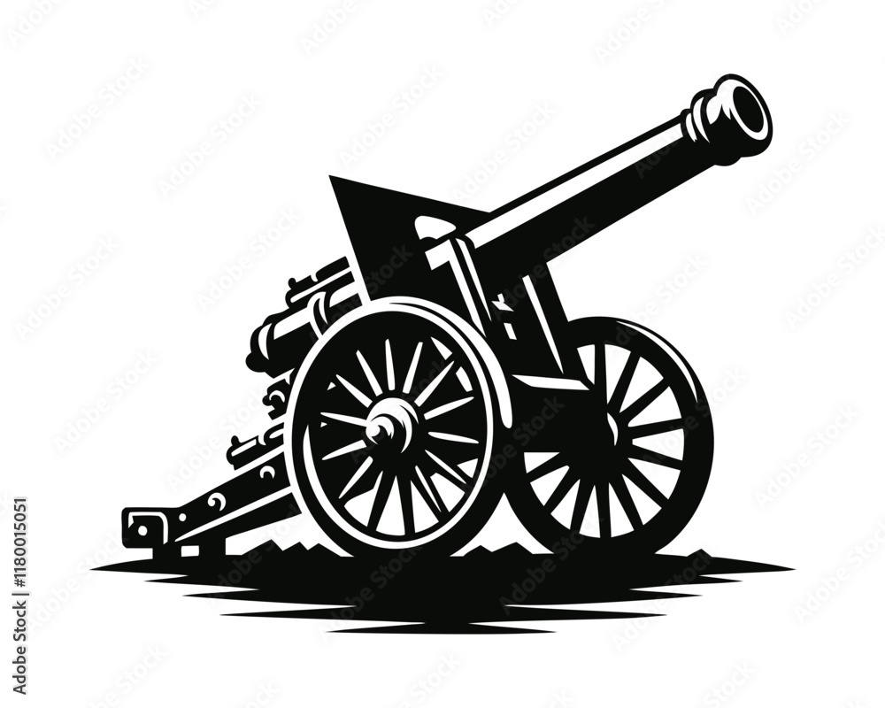 Fototapeta premium Large field artillery piece silhouette icon. Clipart image isolated on white background 