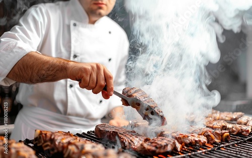 A chef grilling juicy steaks on a hot barbecue during a cookout photo