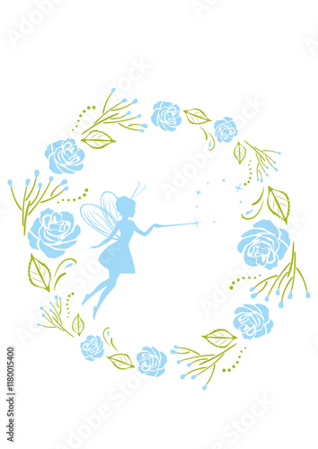 Decorative floral wreath with blue roses and fairy
