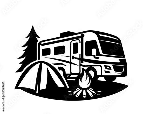 RV with simple design, tent nearby, and campfire in front of the RV. Clipart image isolated on white background 
