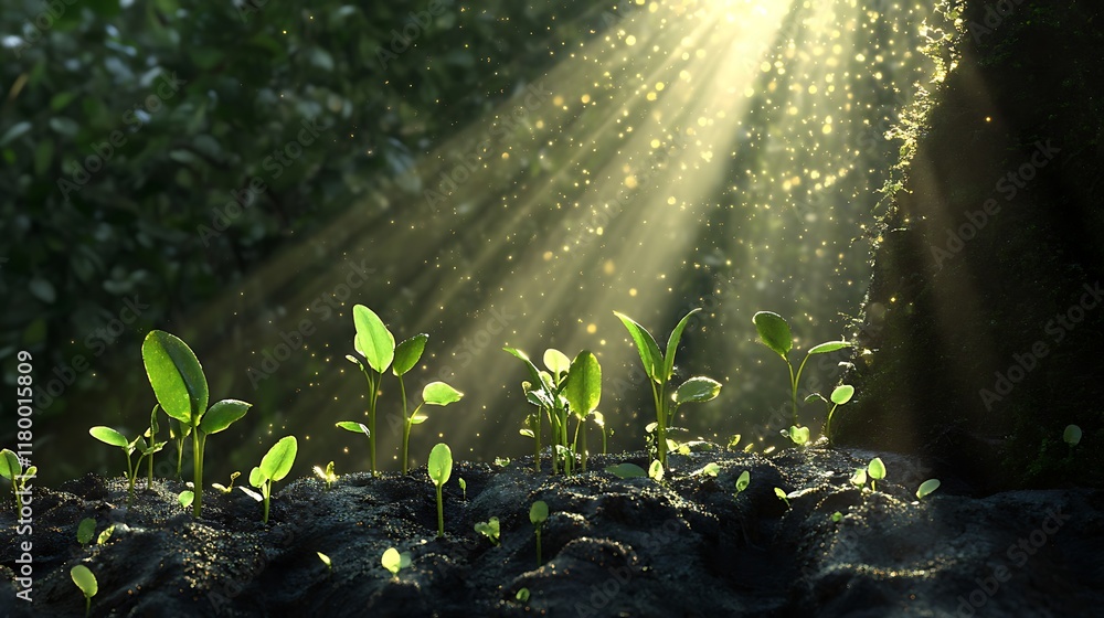 Obraz premium New sprouts growing with sunlight streaming through, illuminating the scene