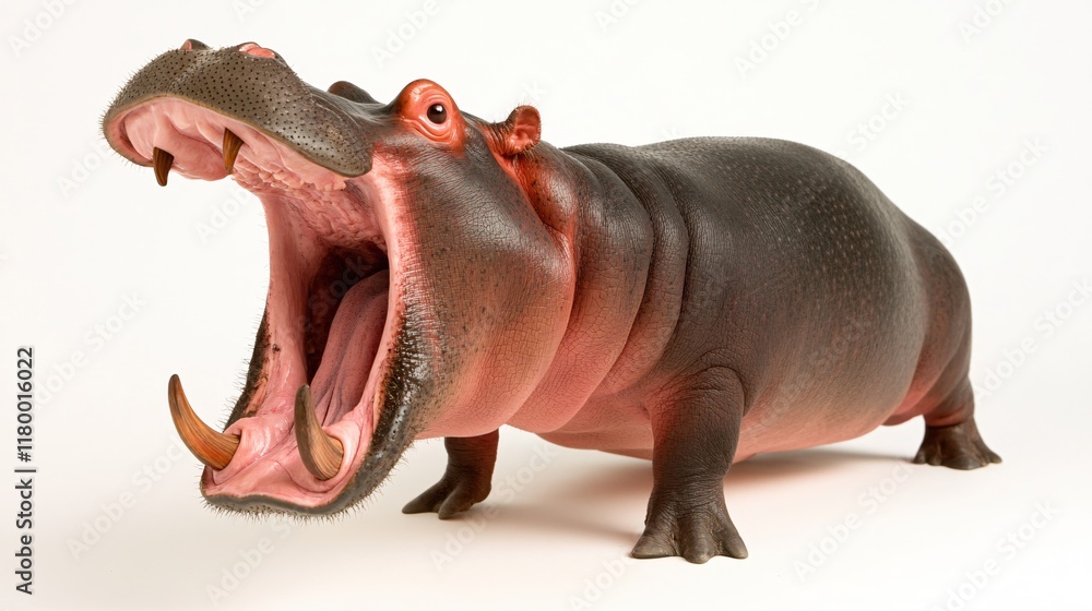 Powerful Hippopotamus Yawning Widely Open Mouth Showing Teeth on White Background Powerful Hippopotamus Yawning Widely Open Mouth Showing Teeth on White Background