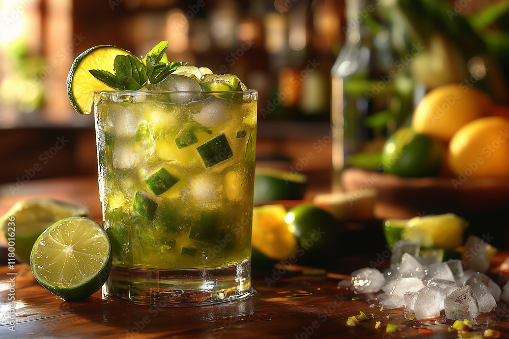 Fototapeta premium Caipirinha cocktail on wooden table, traditional Brazilian drink