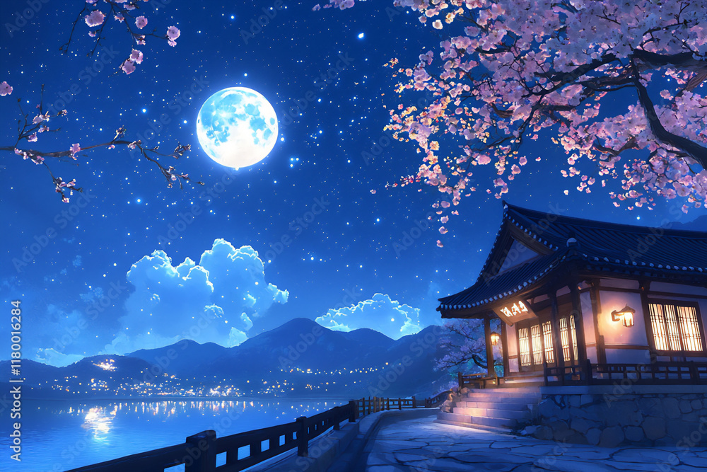Obraz premium tranquil moonlit hanok