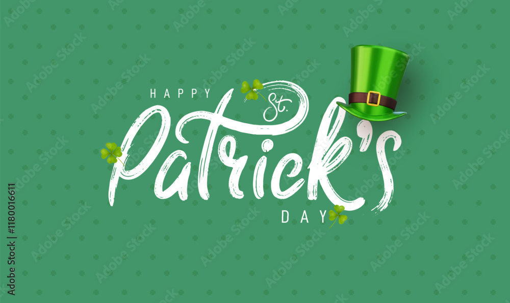 Naklejka premium Happy Saint Patrick's Day logotype. Irish celebration design. Beer festival lettering typography icon. Drawn typography badge with green hat and shamrock. Vector elements isolated on green background.