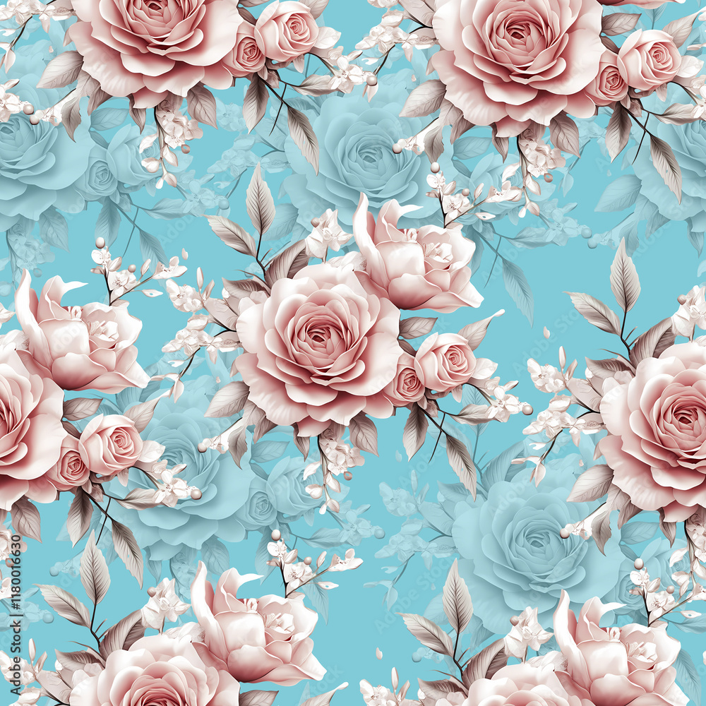 Fototapeta  watercolor seamless pattern with pink roses and peony flowers. hand painted floral illustration. design for wedding invitation, card, greeting card, print,