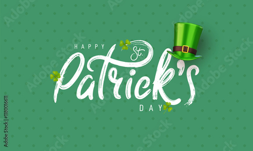 Happy Saint Patrick's Day logotype. Irish celebration design. Beer festival lettering typography icon. Drawn typography badge with green hat and shamrock. Vector elements isolated on green background.