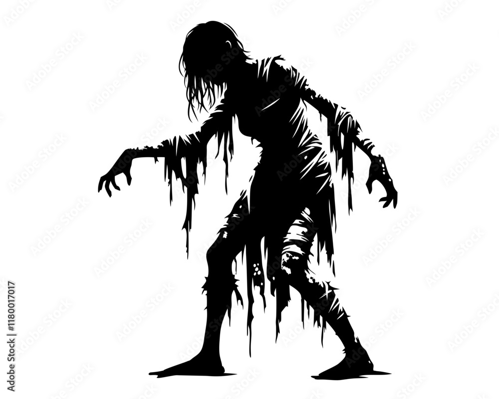 Fototapeta premium Female figure with outstretched arms, tattered clothing, and hunched posture, embodying the classic characteristics of zombie. Clipart image isolated on white background 