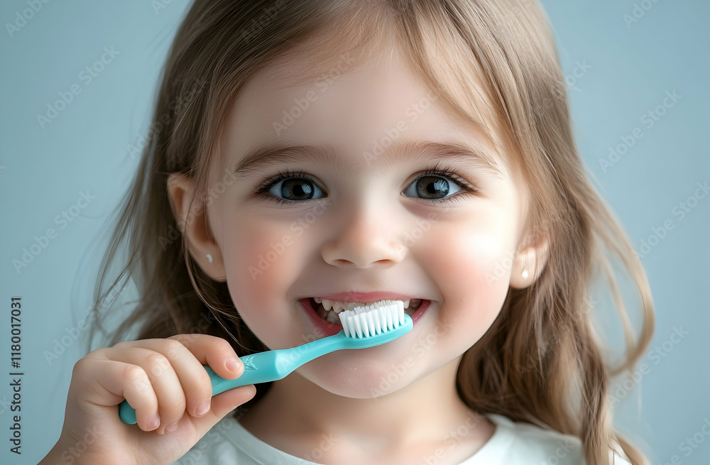 A young girl is brushing her teeth with a blue and white toothbrush A young girl is brushing her teeth with a blue and white toothbrush
