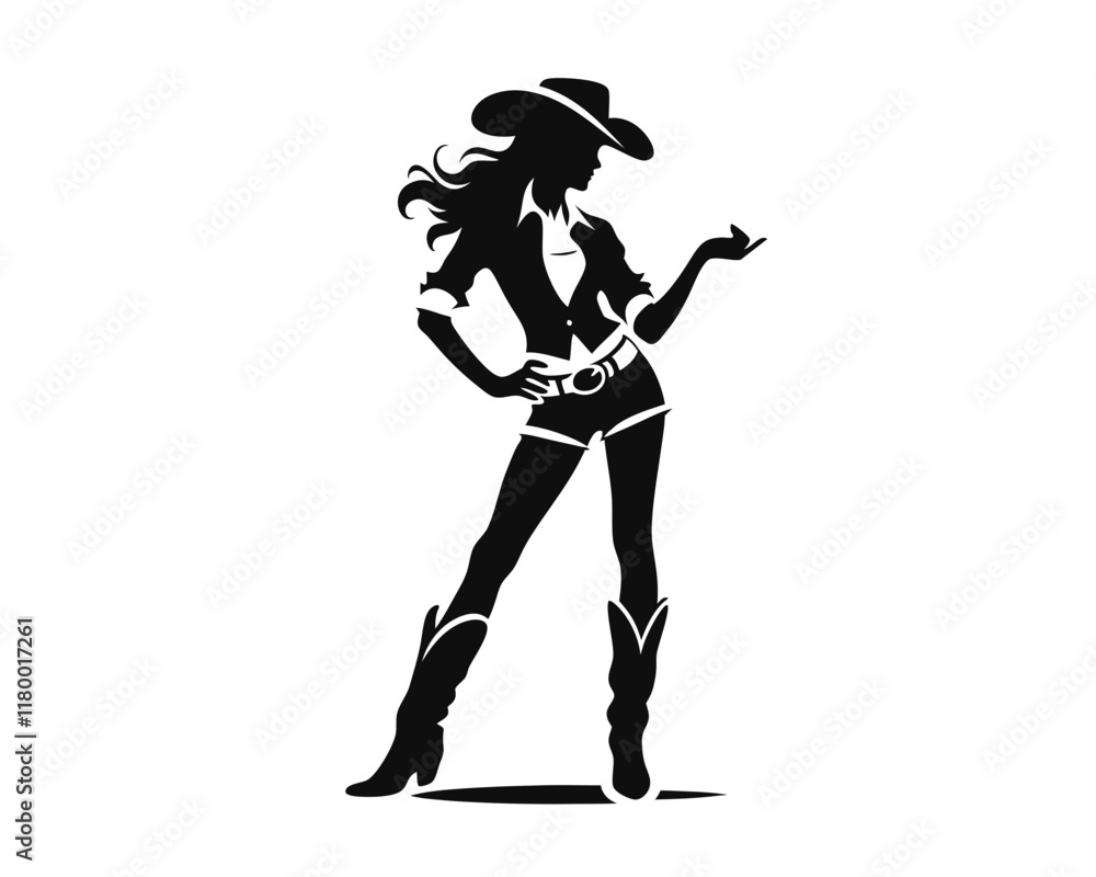 Cowgirl silhouette wearing wide-brimmed hat and boots. Clipart image isolated on white background Cowgirl silhouette wearing wide-brimmed hat and boots. Clipart image isolated on white background