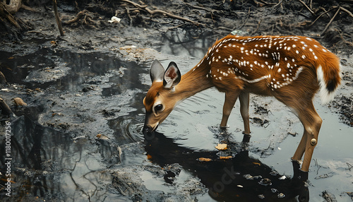 A deer cautiously drinks from a polluted stream, the water tainted with visible oil slicks and floating debris, illustrating environmental impact  - photo