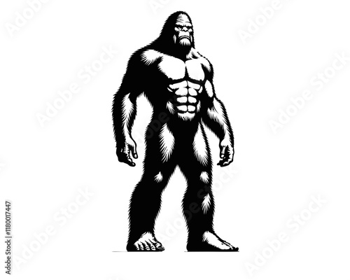  Standing bigfoot figure with muscular build, broad shoulders, and distinct elongated limbs. Clipart image isolated on white background 