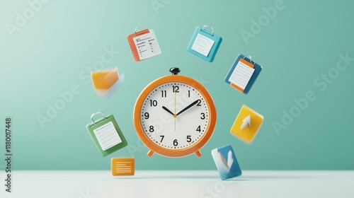 Vibrant Orange Alarm Clock Surrounded by Colorful Clipboards and Notes Representing Time Management and Organization Skills in a Modern Workspace Setting