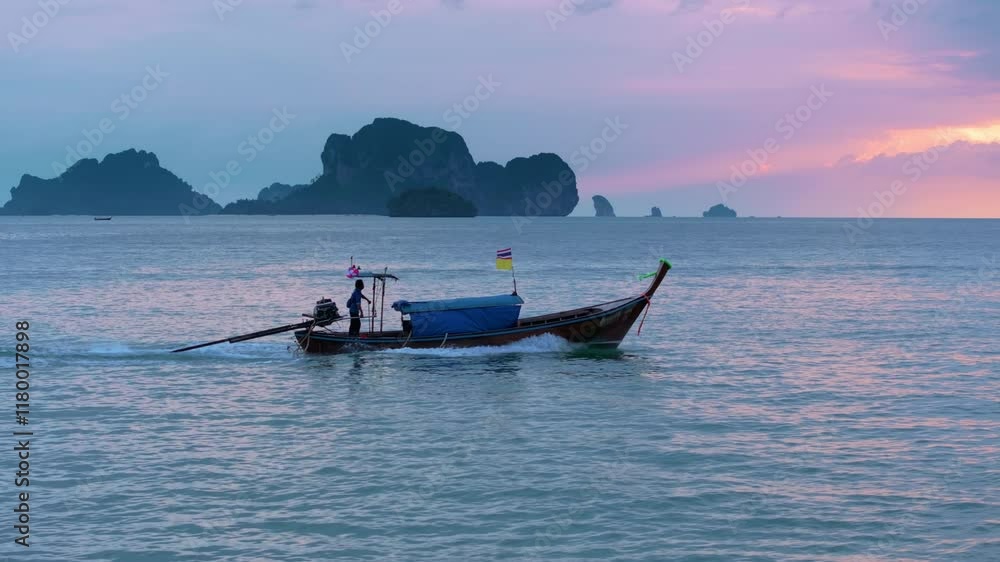 An absolutely stunning aerial view showcases a longtail boat gracefully navigating the calm, serene waters of Krabi, Thailand, framed by a breathtaking backdrop of beautiful islands An absolutely stunning aerial view showcases a longtail boat gracefully navigating the calm, serene waters of Krabi, Thailand, framed by a breathtaking backdrop of beautiful islands