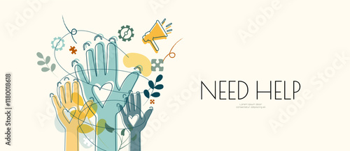 Need Help banner. Raised hands with floral elements and puzzles. 