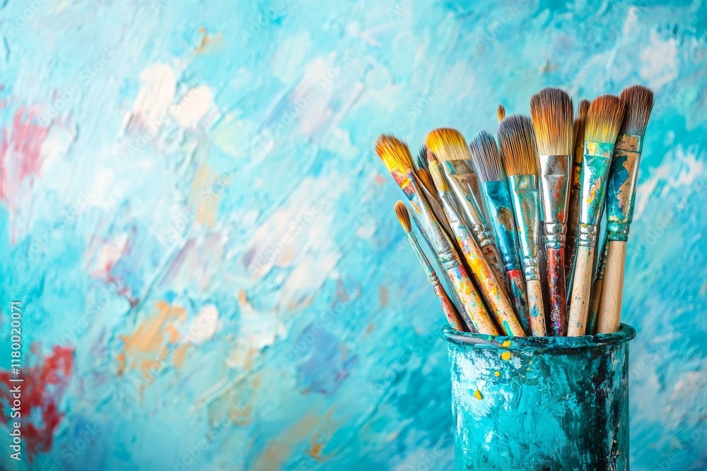 Fototapeta premium glass jar containing brushes and other art supplies on a white background
