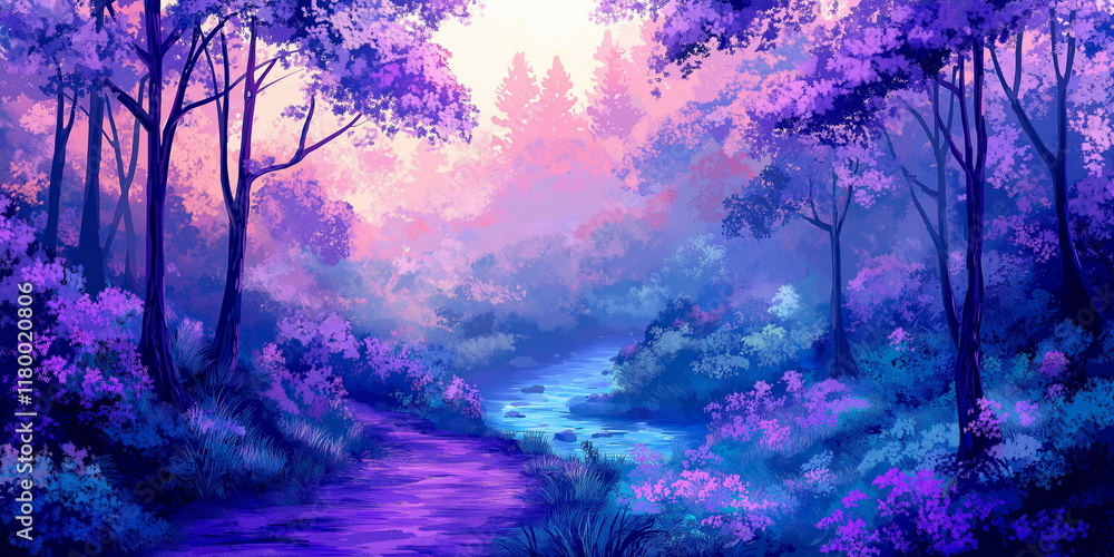 Naklejka premium A forest where the treetops are painted in vibrant_008