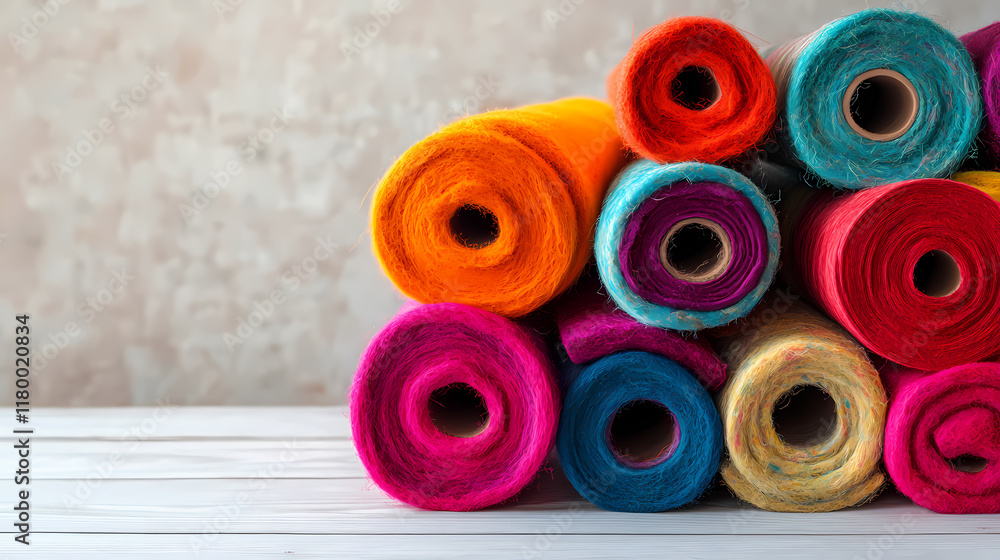 Vibrant rolls of colorful felt fabric in various textures and patterns sit stacked and neatly organized on a white wooden table against a soft gray background. Sunwoven. Illustration Vibrant rolls of colorful felt fabric in various textures and patterns sit stacked and neatly organized on a white wooden table against a soft gray background. Sunwoven. Illustration